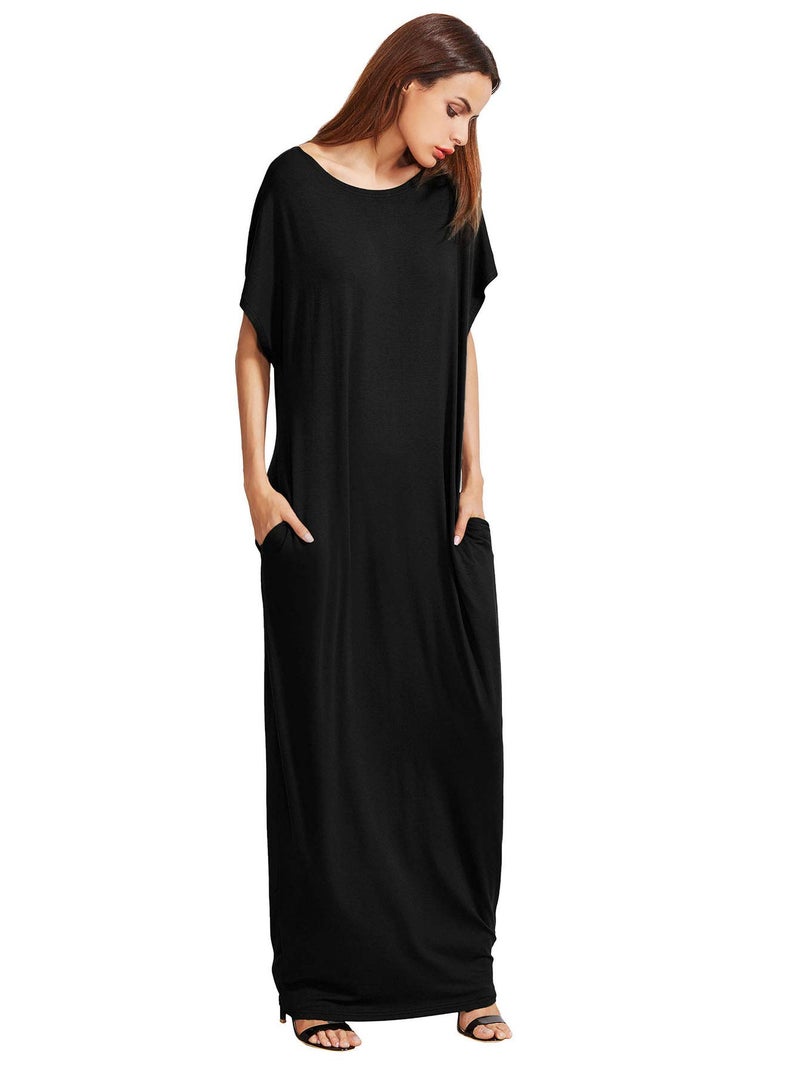 Verdusa Women's Short Sleeve Loose Long Maxi Lounge Dress with Pockets #1 Black Large - Image 3